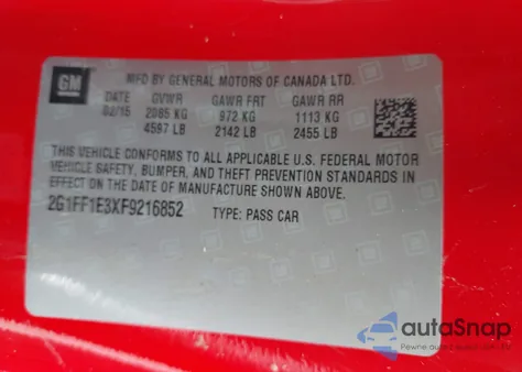 2015 Chevrolet Camaro 2Lt z USA, uszkodzony, nr VIN 2G1FF1E3XF9216852